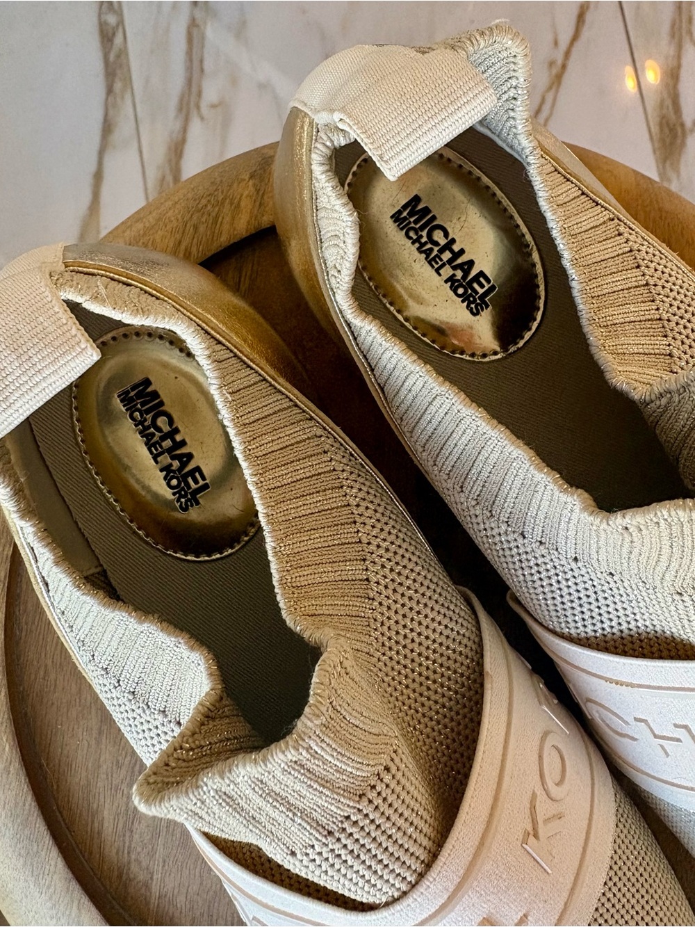 NEW Michael Kors Beige Knit Slip-On Sneakers with Gold Tennis Shoes 7.5 - Picture 5 of 7
